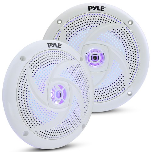 Pyle Low-Profile Waterproof Marine Speakers - 240W 6.5 Inch 2 Way 1 Pair Slim Style Waterproof Weather Resistant Outdoor Audio Stereo Sound System w/ Blue Illuminating LED Lights - Pyle (White)