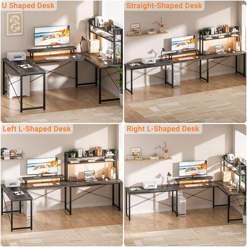 iSunirm L Shaped Gaming Desk, 74 Inch Reversible U Shaped Computer Desk with Storage Shelves, Monitor Stand for Home Office,Living Room,Black Oak