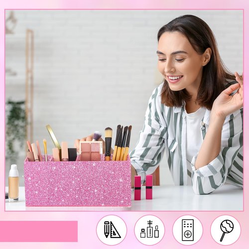 Jetec Glitter Pen Holder Bling Makeup Brush Organizer Office Desk Accessories for Women Girls with 4 Compartments Sparkly Desktop Decoration Birthday Back to School Gifts(Pink)