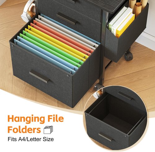 Mexin 3 Drawer File Cabinet - Mobile Printer Stand with 24'' Extended Desktop | Black, A4 Size, Home Office