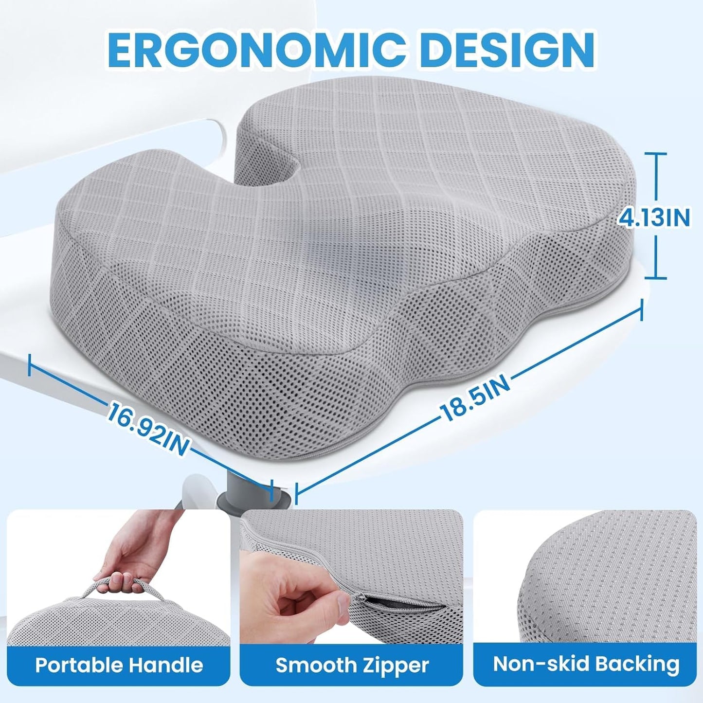 TushGuard Memory Foam Seat Cushion - Non-Slip Tailbone Pain Relief Pad for Office & Car | Light Grey, XX-Large