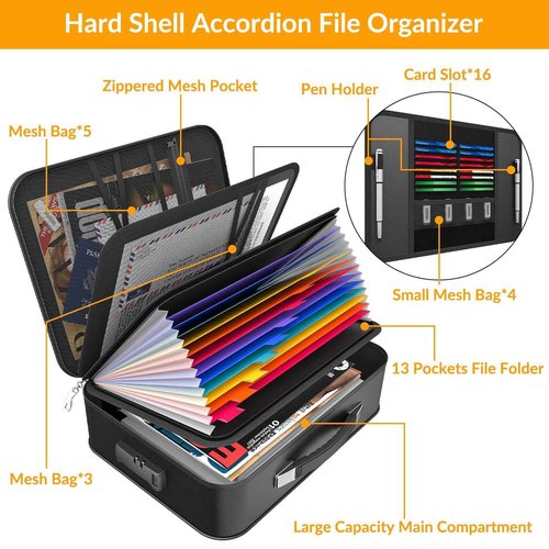 onvvippiv Hard Case Fireproof Document Box, Important File Organizer with Lock Waterproof Zipper, Portable Home Office Travel Storage Accordion Folder for Letter A4 Laptop Files