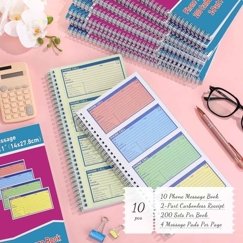 Sinmoe 10pcs Spiral Bound Phone Message Book with Carbon Copy 5-1/2" x 11" 2 Part Colorful Carbonless Telephone Message Pads Duplicate Spiral Phone Call Log Book for Business Office (Rose Red,Blue)