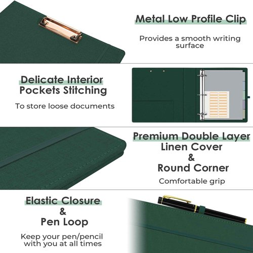EYROZILL 3 Ring Binder 2 Inch, Binder for Letter Size (11" x 8.5") with 5 Tab Dividers, File Folder Labels and Low Profile Clipboards, Blackish Green