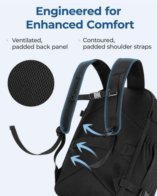 BAGSMART 30L Unisex Black Travel Backpack, 17 Inch Laptop Compartment, Water Resistant, Large Capacity, Padded Strap, Zipper Closure