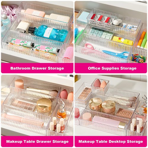 VEYGON 11PCS Water Ripple Claer Organizers Bins, Acrylic Vanity Plastic Drawer Organizer Trays, 4Size Stackable Makeup and Bathroom Drawer Storage Containers for Cosmetic, Office Supply, Kitchen