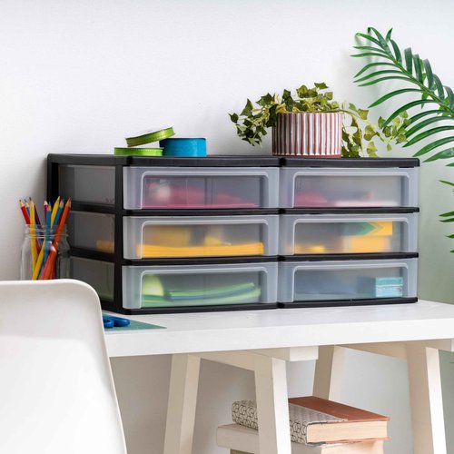 IRIS USA Plastic Stacking Desk Top 3-Drawer Storage Organizer, 2-Pack, for Makeup Vanity Nail Polish Bathroom Stationery Art Craft Supplies Kitchen Office Garage and Small Organization, Medium, Black