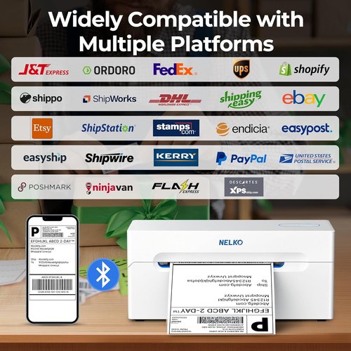 Nelko Bluetooth Thermal Shipping Label Printer - Wireless 4x6 for Small Business | Compatible with Android, iPhone & Windows (White)