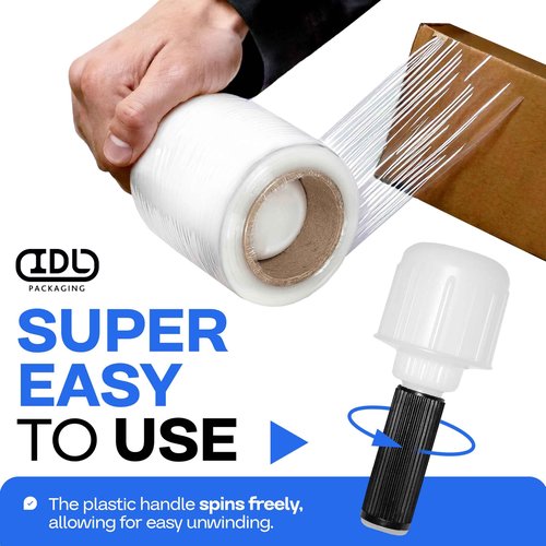 IDL Packaging 3" Stretch Wrap Mini Roll, 700 feet, 120 Gauge (Pack of 12) with a Plastic Handle Included – Industrial Grade Clear Plastic Wrap – Improved Protection for Packing, Moving, or Office