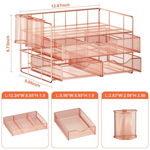 Marbrasse 3 Tier Mesh Desk Organizer with Drawer, Multi-Functional Desk Organizers and Accessories, Paper Letter Organizer with 2 Pen Holder for Home Office Supplies - Rose Gold