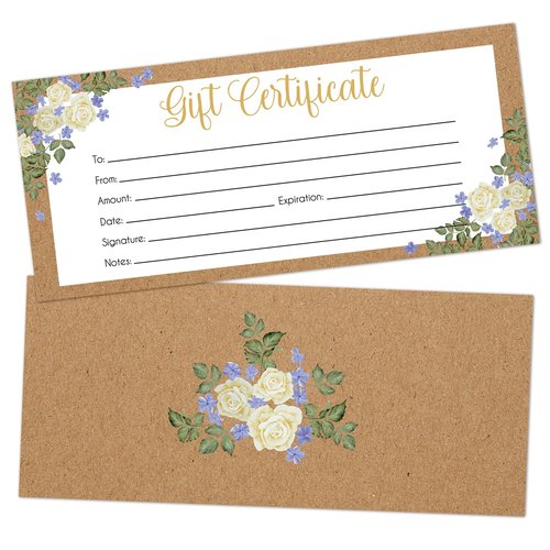 Blank Gift Certificates, 25 Floral Kraft Gift Certificate Cards for Business, Spa, Salon, Massage, Restaurants, Custom Client Vouchers for Birthday, Work Card -05