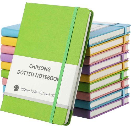 Chiisong 10 Pack Bullet Dotted Journal Notebook Bulk, A5 Dot Grid Notebook with 100 GSM Paper, Leather Hardcover Dotted Journal with 160 Pages for Women Men Writing Journaling Planning, 5.7 x 8.3 Inch