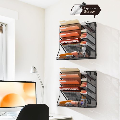 SUPEASY Wall File Organizer, 5-Tier Desk Organizer with 4 Pen Holders, Wall Organizer for Office with R-shaped Bottom Tray, Desk Organizers and Accessories for Office Supplies, Black