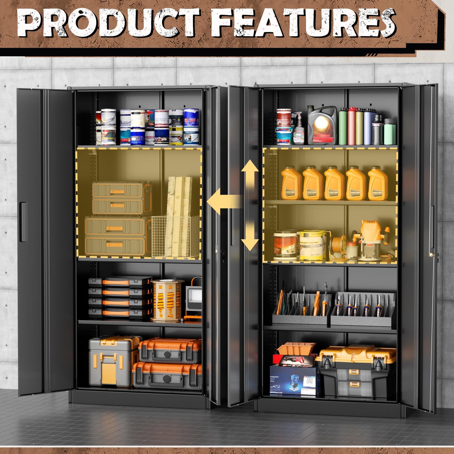 INTERGREAT Metal Lockable Storage Cabinet, 72” Storage Cabinet with 2 Doors and 4 Adjustable Shelves for Office, Home, Garage, Pantry (Assembly Required, Black)