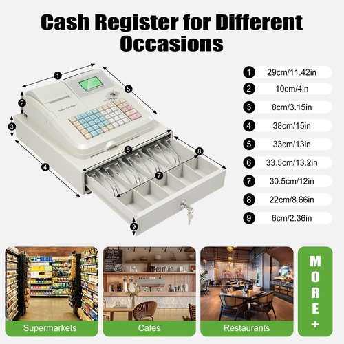 48 Keys Electronic Cash Register, 8 Digital LED Display Retail Point of Sale System and Cash Drawer, Multifunction Thermal Digital Cash Register with Drawer Box for Markets, Cafes
