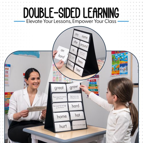 Essex Wares - 2 Pack - 13" Wide x 17" Tall Tabletop Pocket Chart, Black - Double Sided with 5 Straps Each - Reusable Pocket Chart Stand for Classroom - Easy to Use, Foldable Tabletop Chart Stand