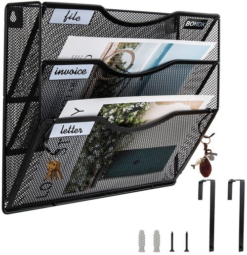 Wall File Organizer, 3 Tire Hanging File Folder Mail Organizer, Vertical Mesh Metal Door/Wall Mount Hanging File Holder, Paper Document Magazine Rack with Hooks for Home Office Black