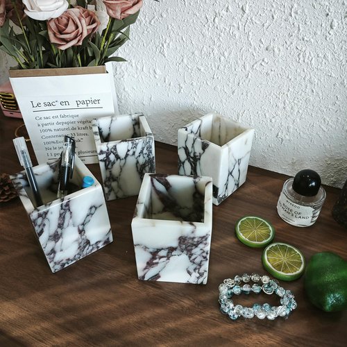 Artisanal Abode Marble Pen Holder, White Stone Rectangular Desktop Organizer, Office Study Makeup Brush Storage, Home Desk Decor, Minimalist Design, Durable Marble Accessory