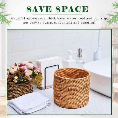 Ziliny 2 Pcs Small Rattan Trash Can Woven Trash Can Handmade Wicker Bathroom Trash Can Cylinder Wicker Waste Basket for Bathroom Home Bedroom Kitchen Storage Office Desktop Essential