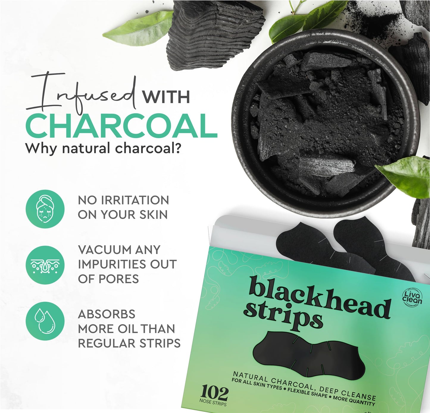 LivaClean (102 Strips Charcoal Blackhead Remover Pore Strips for Face Nose Pores, Blackheads Removal, Blackheads Removers, Blackhead Remover Strip