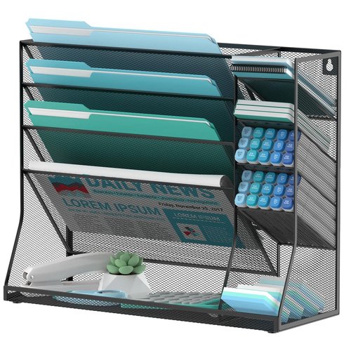 JMHUD Wall File Organizer, 5-Tier Desk Organizer with 4 Pen Slots, Vertical Hanging Wall File Folder Holder with R-shaped Bottom Tray, Mesh Mail Holder Desk Organization for Office, Black