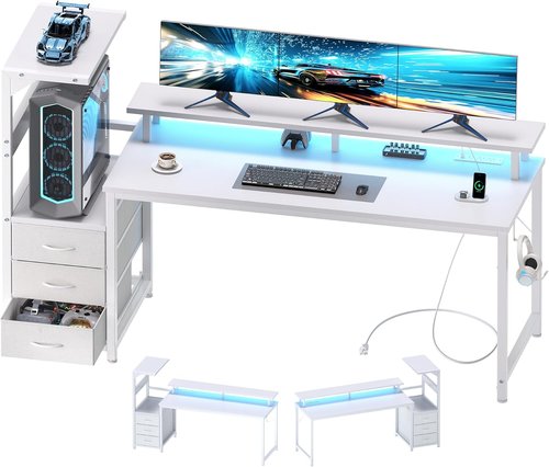 DUMOS L-Shaped Gaming Desk - White Computer Desk with LED Lights & Storage Drawers | 59" Dual Monitor Setup