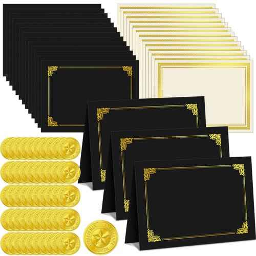 150 Pcs Certificate Kit Include 50 Certificate Holders 50 Paper and 50 Embossed Seal Stickers Diploma Covers for Graduation, Competition Supplies(Black)