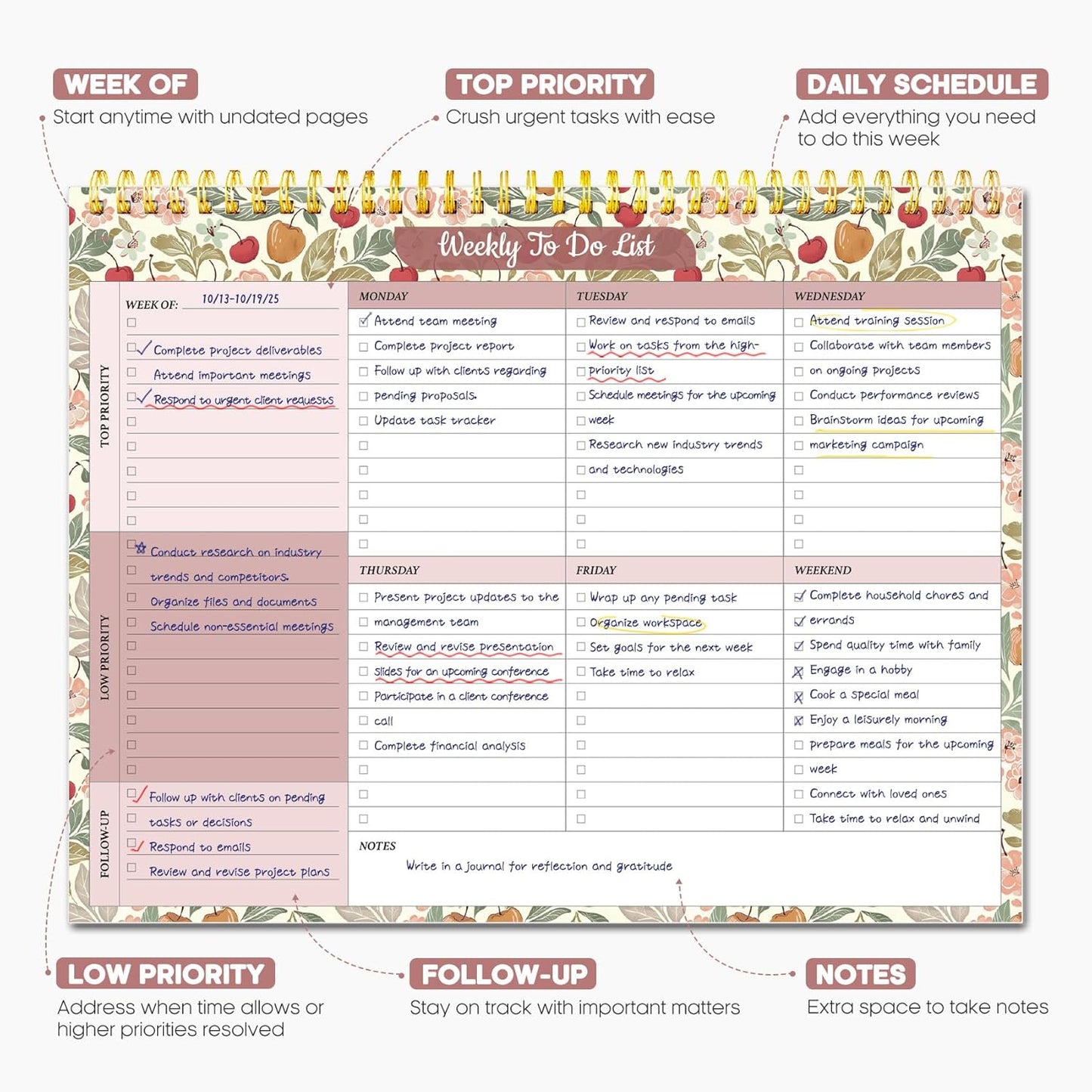 Taja Weekly To-Do List Notepad - 52 Undated Sheets | 8.5" x 11" Desk Planner for Work & Home - Cherry Orchard