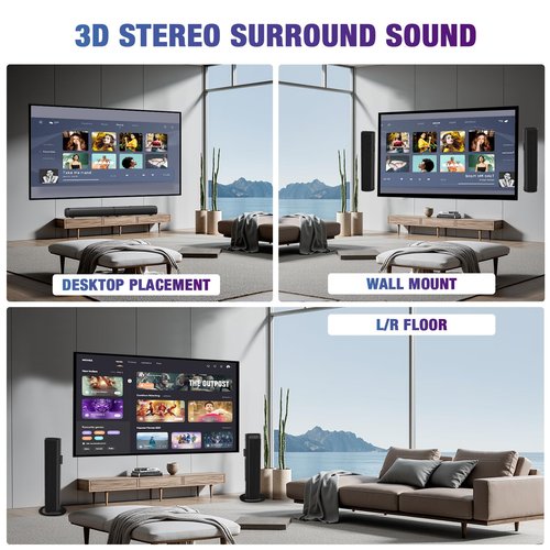 Yenjuty Sound Bar, 100W Sound Bar for Smart TV, Bluetooth 5.3 Soundbar, 2 in 1 Detachable Home Speaker Bass Effect, Home Theater Surround Sound, ARC/Optical/AUX/USB Connections, for TV/PC/Projectors
