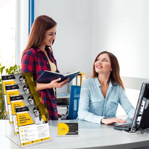 SafeWayss Acrylic Brochure Holder 8.5 x11”, 4 Tier Clear Literature Magazine Stand with Removable Divider for 4 x 9 Pamphlet Display Brochure with Business Card Holders- Wall Mount & Countertop