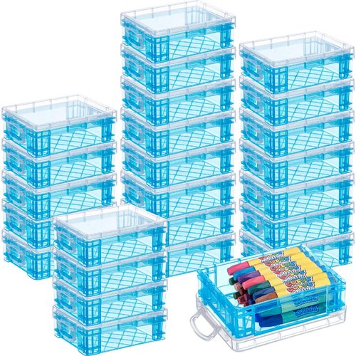 Suzile 25 Pcs Plastic Crayon Boxes with Snap Lids Crayon Storage Organizer Stackable Container Bulk Pencil Case for Pen Crafts Classroom Supplies(Blue)