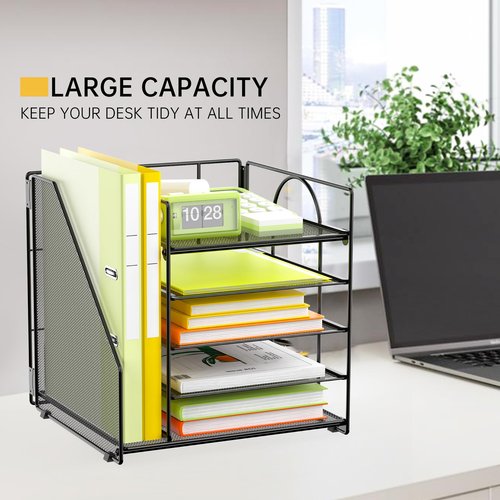 VETUZA 5 Tier Desk Organizer with Vertical File Holder, Desktop File Organizer for Office Home School, Black