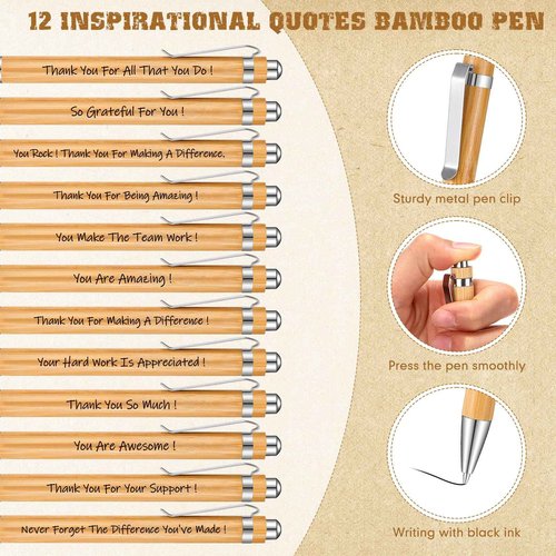 Sayglossy Thank You Gift Bulk Wood Bamboo Pens with Motivational Quote Pen Boxes Employee Appreciation Keychains Inspirational Gifts for Office Coworkers Teams