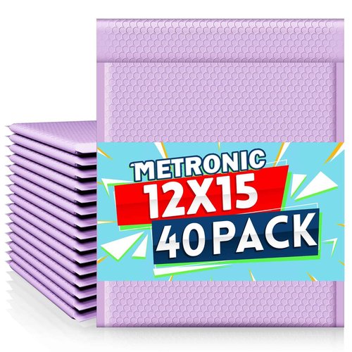 Metronic Large Bubble Mailers 12x15 Inch 40 Pack Waterproof Padded Envelopes Lavender Bubble Envelopes Opaque Cushioning Mailer for Shipping Clothes, Books,Jewelry Makeup Supplies