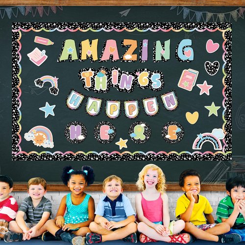 53Pcs Composition Classroom Bulletin Board Decor Girl Style Amazing Things Happen Here Positive Cutouts Inspirational Back to School Bulletin Board Sets for Teacher Students Office Home Wall Supply