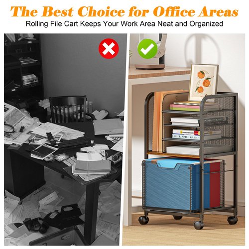 5-Tier Rolling File Cart Under Desk with Drawers, File Cabinet Organizer for Hanging File Folders, Letter-Size File Storage with Wheels, Multi-Layer Mobile Filing Cabinet for Under Desk Storage