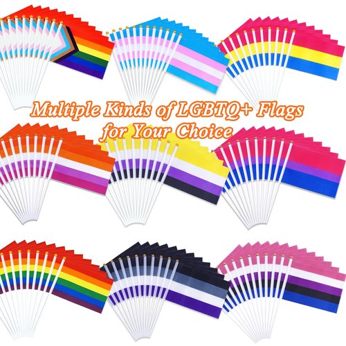 50 Pack Pride Flags Rainbow Pride Flag Small Flag Pride Month Accessories Gay LGBTQ Stick Flag USA American Rainbow Flag Hand Held Flags Decorations for Parades Rainbow Festival