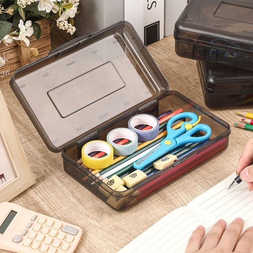 Blulu 6 Pack Large Plastic Pencil Case Clear Pencil Boxes Bulk Hard Crayon Box Storage with Lid Snap 8.1 x 4.7 x 2.2 Inch Gray Closure Painting Marker Organizer Large Capacity Back to Supplies