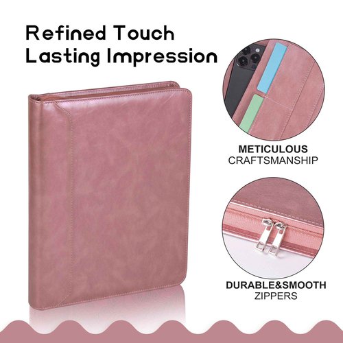 Planner Binder,Padfolio for Women,Leather Binder 3 Ring, A4 Binder Planner with Laptop Pocket,Legal Size Portfolio Organizer,Business Portfolio for Women,Rose Gold