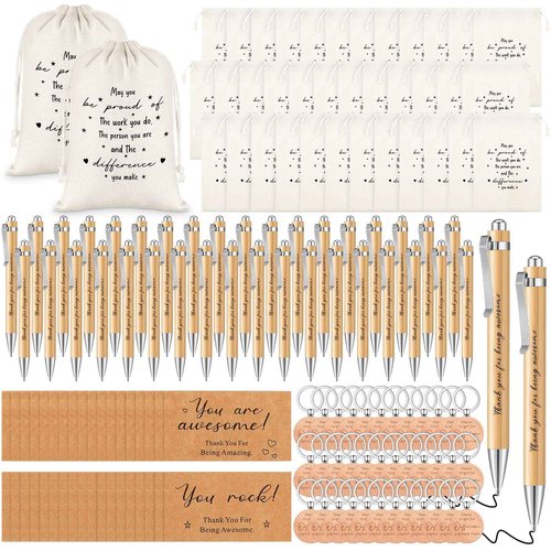 Yeaqee 36 Sets Employee Appreciation Gift Include Motivational Burlap Drawstring Bags Wood Retractable Ballpoint Pens Inspirational Keychain Thank You Kraft Cards for Coworker Office Supplies
