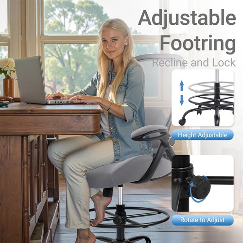 HYLONE 400lbs Heavy Duty Drafting Chair 5" Thickened Seat Office Chair with Flip-Up Armrests Tall Ergonomic Computer Chair with Lumbar Support and Adjustable Footrest Ring Standing Desk Chair(Grey)