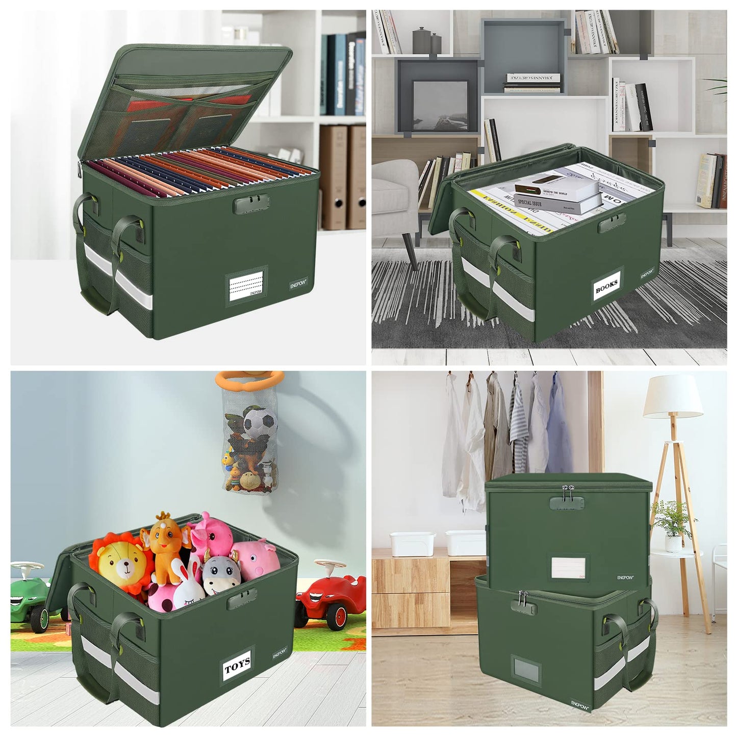 ENGPOW File Box with Lock, Fireproof Document Box with Pockets, Collapsible File Organizer Filing Storage Cabinet with Handle, Portable Home Office Safe for Hanging Letter/Legal Folders,Green,2 Pack