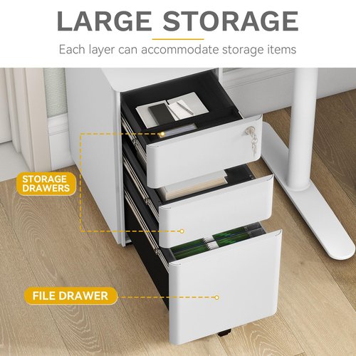 DWVO 3-Drawer Vertical File Cabinet, Mobile Filing Cabinet with Lockable, Pre-Assembled Compact Slim File Cabinet, Portable Office Storage for A4/Letter/Legal Documents (White)