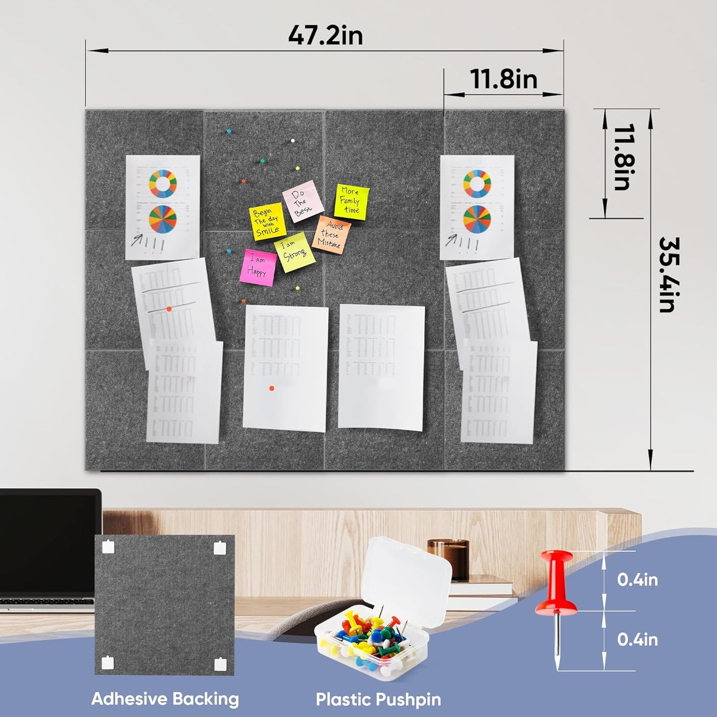 VUSIGN Large Cork Board - 47"x35" Bulletin Board with Adhesive Tabs & Push Pins | Grey Felt Wall Tiles