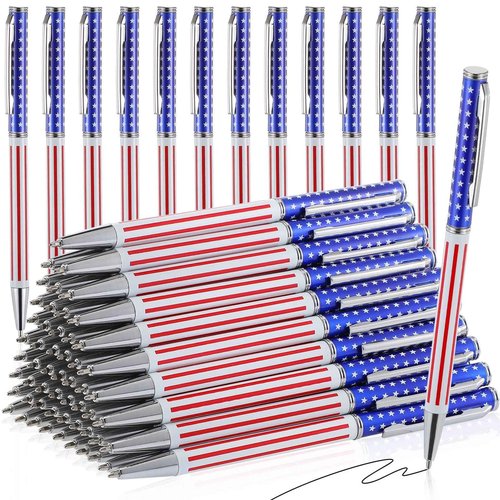 Gueevin 60 Pcs American Flag Ballpoint Pen Patriotic 4th of July Metal Pens USA Themed Slim Retractable Pens Bulk Black Ink 0.7 mm for Independence Day Veteran Swat Souvenir Gifts(Silver)