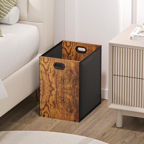Retro Office Trash Can, Iron and Wood Combination Bedroom Garbage Can, Rectangular Design Wastebasket with Handle, Industrial Style Trash Can for Home Office, 11.02" X 7.87" X 11.81" 4.5 Gallon (2)
