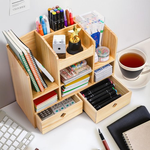 Acshio Wooden Desk Organizer with Drawers, Countertop Office Supplies Accessories Organization with 10 Compartments, Multifunctional Storage Cabinet Box Makeup Storage Shelf Rack for Home, Office