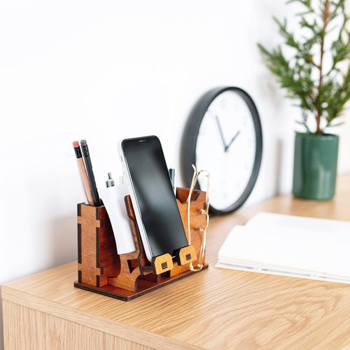 Wooden Pen Pencil Holder with Cell Phone Stand for desktop, office desk organizer, Desk Decoration, Phone Dock Office Supplies, Pen Container, Home Decorative (Simple)