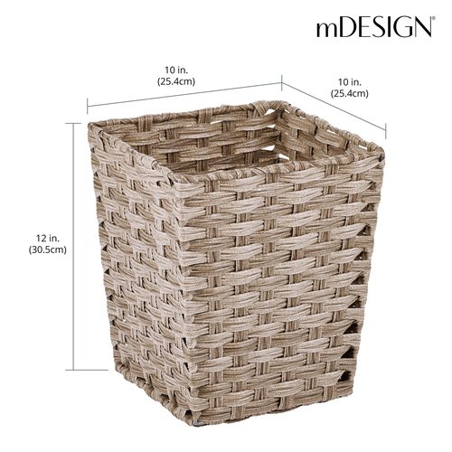 mDesign Small Woven Basket Trash Can Wastebasket - Square Garbage Container Bin for Bathrooms, Kitchens, Home Offices, Craft, Laundry, Utility Rooms, Garages - Taupe