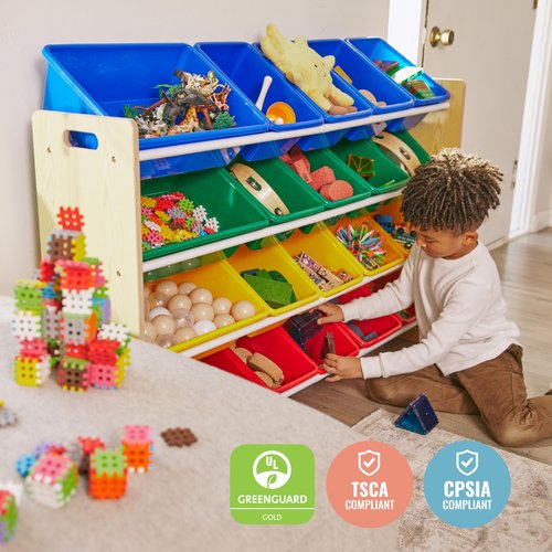 ECR4Kids 4-Tier Organizer with 20 Bins, Toy Storage, Natural/Primary